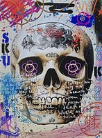 Full view of the painting showing skull motif, text and colors