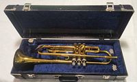 Trumpet resting in open hard case with mouthpiece visible