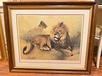 Front view of framed Charles Fracé lion print