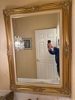 Front view of rectangular gilded Rococo mirror showing ornate carved frame and mirror glass