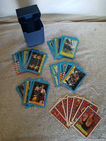 Overview of blue and red wrestling cards with storage box
