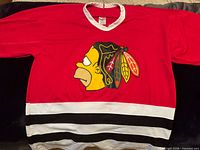 Front view of red Homer Simpson Chicago Blackhawks jersey showing logo and stripes