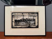 Full view of framed etching showing artwork, mat and frame