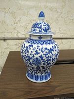 Full view of lidded blue and white porcelain ginger jar