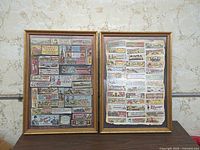 Two framed M. Hohner label collage prints side by side on table