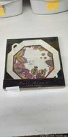 Boxed octagonal porcelain cake plate showing pattern and packaging