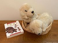 Front view of plush dogs in basket beside dog breeds book