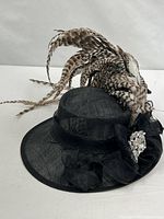 Full view of black mesh hat showing brim, feathers, bow, rhinestone brooch