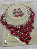 Full view of necklace and earrings in packaging