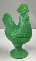 Full view of assembled jadeite rooster covered candy dish