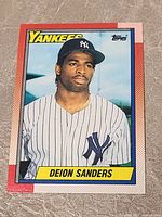 Front of 1990 Topps Deion Sanders card