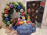 All three items: wreath, felt Cup of Holiday Cheer wall hanging, boxed mini tree with ornaments