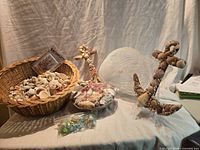 Full lot showing shell bowl, baskets of shells, anchor plaques, marbles bag, packaged switch plate covers