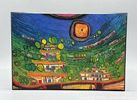 Front view of colourful Hundertwasser print on fibreboard