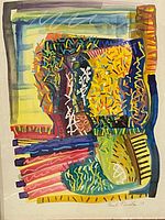 Full view of the abstract watercolour pastel painting showing colours and signature