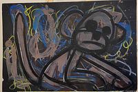 Full view of painting showing stylized monkey on black background with multicolour splatters