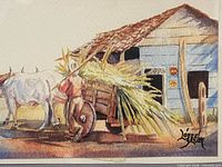 Close view of painted scene and signature