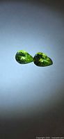 Pair of apple green pear-cut peridots on neutral background
