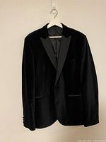 Front view showing overall style, lapels, pockets and fabric