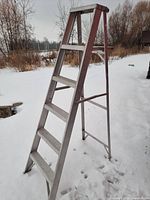 Full left side view of aluminum step ladder standing in snow
