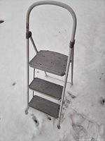 Full view of ladder standing on snow, showing three steps and frame