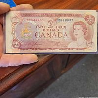 Front view of the 1972 Canadian $2 banknote showing full design