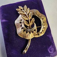 Front view showing gold-tone brooch design and finish