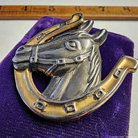 Front view of brooch showing horse head and horseshoe design with ruler for scale
