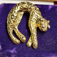 Front view of gold-tone leopard brooch showing crystal eyes and overall form