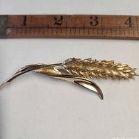 Front view of gold-tone wheat stalk brooch beside ruler showing length