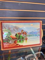 Front view of scenic serving tray showing artwork and frame