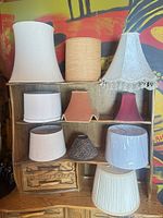Shelf with nine assorted lampshades in various shapes and colors