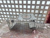Top view of Little Giant wire mesh live animal trap showing handle plate, mesh construction, sliding door