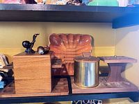 Walnut cube rack, brass humidor rack, single rest, ceramic ashtray, carved figures