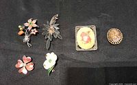 Front view of six brooches displayed on black cloth