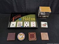Overview of Texas Hold'em board tray, book set and assorted coasters