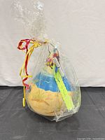 Gift-wrapped hand-painted gourd birdhouse with beach scene, ribbons and tag visible