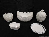 Front view of five milk glass pieces