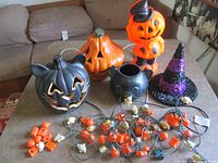 All Halloween decorations arranged on table