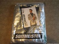 Front view of sealed Suitmeister silver sequin jacket package showing brand and contents