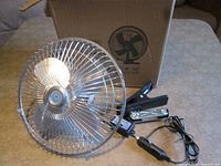 Fan, clamp, 12V plug and box