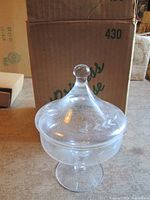 Princess House crystal candy dish with lid shown in front of original model 430 box