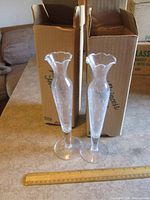 Both crystal bud vases standing in front of their original Princess House cartons