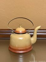 Front view of enameled tea kettle showing spout, handle, lid and color gradient