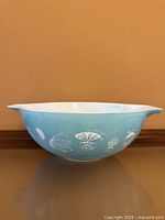 Full side view of turquoise Pyrex Balloon Cinderella bowl