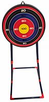 Front view of multicolor standing plastic archery target showing scoring rings and stand