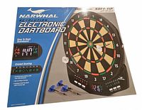 Front of sealed Narwhal Revolution electronic dartboard box showing product and included darts