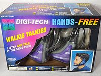 Front of boxed Digi-Tech hands-free walkie talkie set showing contents