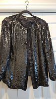 Front of black sequin top on hanger