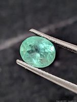 Emerald gemstone in tweezers front view